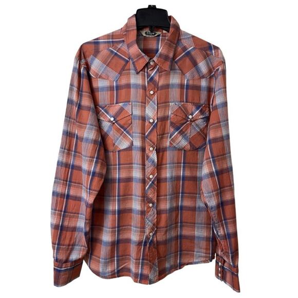 Salt Valley Western Shirt Mens Size XL Orange Plaid Pearl Snap Long Sleeve - Picture 1 of 13